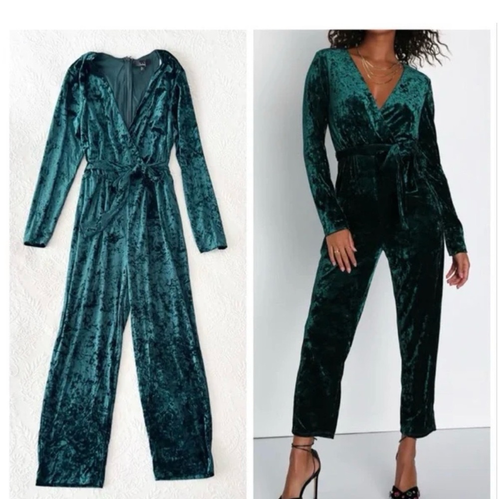 Lulu's Teal Velvet Jumpsuit